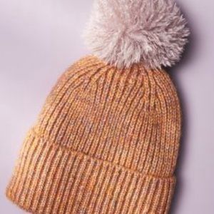 Anthropologie Marled Orange Beanie with Cream Pom Pom